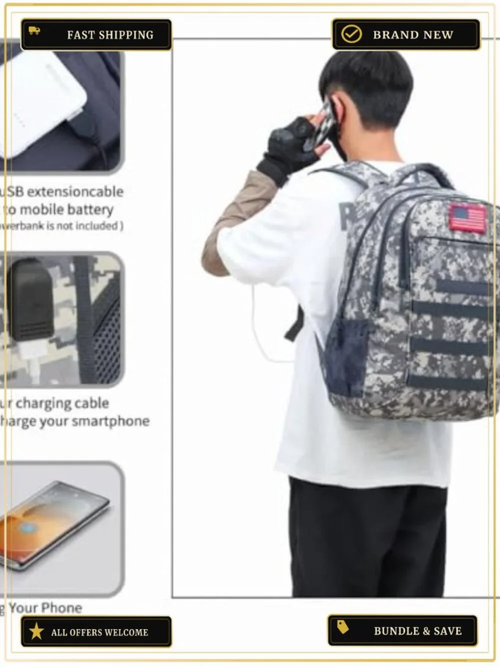 Tactical Camo Boys Backpack for School 40L, USB Port, Waterproof 900D Oxford,
